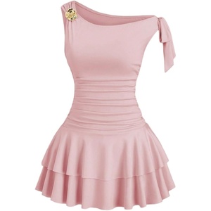 image:imageFloerns Womens Mini Dress Off The Shoulder Metal Floral Sleeveless Layered Hem Going Out DressesPastel Pink