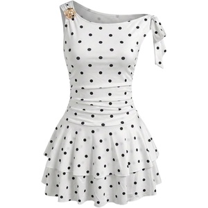 image:imageFloerns Womens Mini Dress Off The Shoulder Metal Floral Sleeveless Layered Hem Going Out DressesWhite Polka Dots