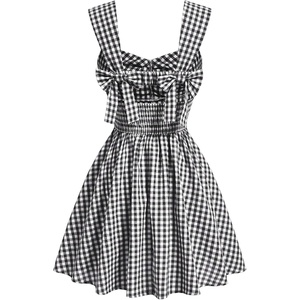 image:imageFloerns Womens Plaid Ruched Bust Sleeveless Vintage Bowknot Pleated Short DressesBlack and White