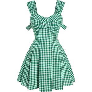 image:imageFloerns Womens Plaid Ruched Bust Sleeveless Vintage Bowknot Pleated Short DressesGreen