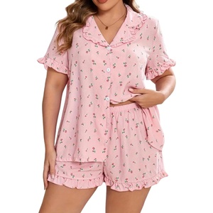 image:imageFloerns Womens Plus Size 2 Piece Floral Pajamas Set Casual Ruffle Collared Shirt with ShortsPink