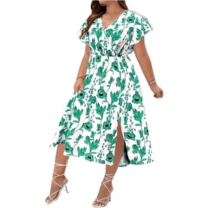 image:imageFloerns Womens Plus Size Boho Flutter Short Sleeve Ruffle Hem A Line Midi DressGreen and White