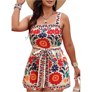 image:imageFloerns Womens Plus Size Floral Print Sleeveless Tank Romper Belt Boho Summer Short JumpsuitsBeige Multi