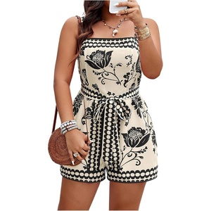 image:imageFloerns Womens Plus Size Floral Print Sleeveless Tank Romper Belt Boho Summer Short JumpsuitsBlack and Beige