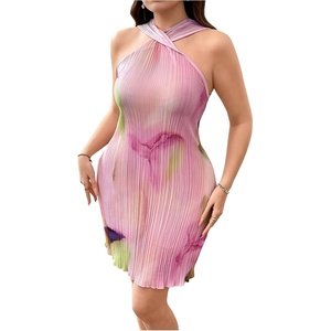 image:imageFloerns Womens Plus Size Vacation Tie Dye Criss Cross Twist Halter Dress Summer Beach Sleeveless Halter Mini DressesPink Multi