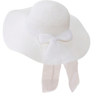 image:imageFloerns Womens Summer Bow Tie Straw Hats Wide Brim Foldable Sun Protection Floppy Beach HatWhite Ivory