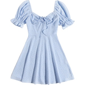 image:imageFloerns Womens Summer Drawstring Sweetheart Neck Puff Sleeve A Line Short DressLight Blue
