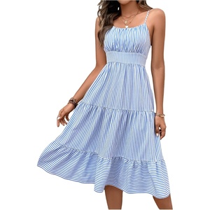 image:imageFloerns Womens Summer Midi Dress Striped Ruched Bust Tiered Ruffle Hem Beach DressesBlue and White