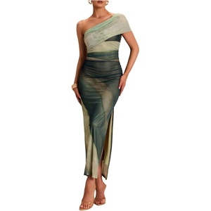 image:imageFloerns Womens Summer One Shoulder Long Dress Tie Dye Mesh Vacation Slit Bodycon Maxi DressesGreen
