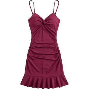 image:imageFloerns Womens Summer Tropical Twist Front Ruched Ruffle Hem Bodycon Cami DressBurgundy