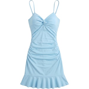 image:imageFloerns Womens Summer Tropical Twist Front Ruched Ruffle Hem Bodycon Cami DressPale Blue