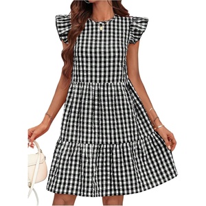 image:imageFloerns Womens Tiered Ruffle Gingham Short Dress Cap Sleeve Vacation A Line DressesBlack
