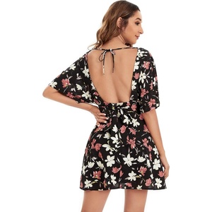 image:imageFloerns Womens Tropical Floral Plunging V Neck Tie Open Back Summer Short DressBlack Red Floral
