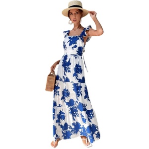 image:imageFloerns Womens Tropical Floral Plunging V Neck Tie Open Back Summer Short DressBlue and White