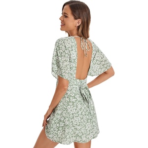 image:imageFloerns Womens Tropical Floral Plunging V Neck Tie Open Back Summer Short DressDitsy Green