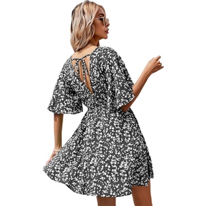 image:imageFloerns Womens Tropical Floral Plunging V Neck Tie Open Back Summer Short DressFlower Black