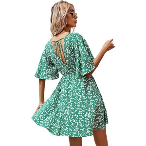 image:imageFloerns Womens Tropical Floral Plunging V Neck Tie Open Back Summer Short DressGreen