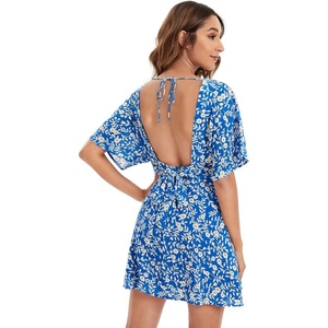 image:imageFloerns Womens Tropical Floral Plunging V Neck Tie Open Back Summer Short DressRoyal Blue