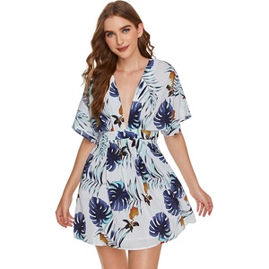 image:imageFloerns Womens Tropical Floral Plunging V Neck Tie Open Back Summer Short DressWhite Multi
