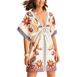 image:imageFloerns Womens Tropical V Neck Mini Dress Tie Front Dolman Sleeve Beach Vacation DressesBeige Multi