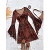 image:imageFloerns Womens Boho Western Mini Dress Floral Country Mesh Bell Sleeve Vintage DressesDark Brown