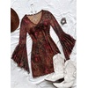 image:imageFloerns Womens Boho Western Mini Dress Floral Country Mesh Bell Sleeve Vintage DressesDark Brown