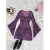 image:imageFloerns Womens Boho Western Mini Dress Floral Country Mesh Bell Sleeve Vintage DressesPurple