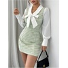 image:imageFloerns Womens Elegant Plaid Tweed Dress Bow Front Lantern Long Sleeve 2 in 1 Mini Houndstooth DressesGreen