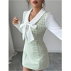 image:imageFloerns Womens Elegant Plaid Tweed Dress Bow Front Lantern Long Sleeve 2 in 1 Mini Houndstooth DressesGreen