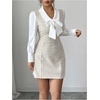 image:imageFloerns Womens Elegant Plaid Tweed Dress Bow Front Lantern Long Sleeve 2 in 1 Mini Houndstooth DressesKhaki