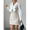 image:imageFloerns Womens Elegant Plaid Tweed Dress Bow Front Lantern Long Sleeve 2 in 1 Mini Houndstooth DressesKhaki