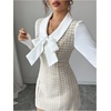 image:imageFloerns Womens Elegant Plaid Tweed Dress Bow Front Lantern Long Sleeve 2 in 1 Mini Houndstooth DressesKhaki