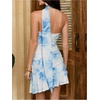 image:imageFloerns Womens Floral Mini Halter Neck Dress Bodycon Ruffle Hem Dress with ScarfBlue and White