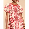 image:imageFloerns Womens Floral Summer Dress Puff Sleeve Crewneck Beach Vacation Tunic DressesRed and White