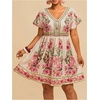 image:imageFloerns Womens Plus Size Summer Vacation Wrap V Neck Short Sleeve Ruffle Hem A Line Hawaiian Short DressApricot Pink Multi