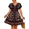 image:imageFloerns Womens Plus Size Summer Vacation Wrap V Neck Short Sleeve Ruffle Hem A Line Hawaiian Short DressBlack Red Multi