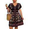 image:imageFloerns Womens Plus Size Summer Vacation Wrap V Neck Short Sleeve Ruffle Hem A Line Hawaiian Short DressBlack Red Multi