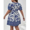 image:imageFloerns Womens Plus Size Summer Vacation Wrap V Neck Short Sleeve Ruffle Hem A Line Hawaiian Short DressBlue White Flower