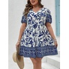 image:imageFloerns Womens Plus Size Summer Vacation Wrap V Neck Short Sleeve Ruffle Hem A Line Hawaiian Short DressBlue White Flower