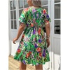image:imageFloerns Womens Plus Size Summer Vacation Wrap V Neck Short Sleeve Ruffle Hem A Line Hawaiian Short DressGreen Multi