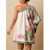 image:imageFloerns Womens Plus Size Tropical Summer Dresses Off The Shoulder Vacation Tunic DressBeige Multi