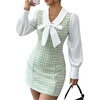 image:imageFloerns Womens Elegant Plaid Tweed Dress Bow Front Lantern Long Sleeve 2 in 1 Mini Houndstooth DressesGreen