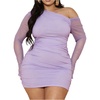 image:imageFloerns Womens Plus Size Off The Shoulder Mini Dress Mesh Long Sleeve Bodycon DressesMauve Purple