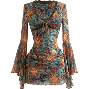 image:imageFloerns Womens Boho Western Mini Dress Floral Country Mesh Bell Sleeve Vintage DressesBlue Sunset