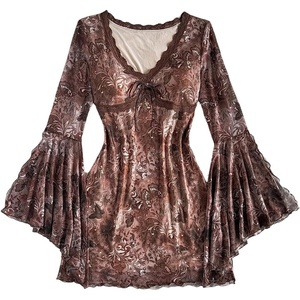 image:imageFloerns Womens Boho Western Mini Dress Floral Country Mesh Bell Sleeve Vintage DressesBrown