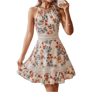 image:imageFloerns Womens Contrast Lace Sleeveless Halter Dress Backless Vacation A Line DressBeige Floral