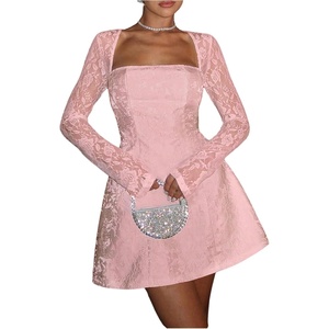 image:imageFloerns Womens Elegant Lace Long Sleeve Mini Dress Tie Open Back A Line Wedding Guest DressesPink