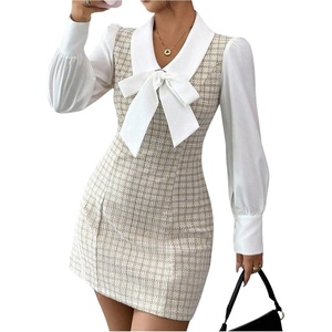 image:imageFloerns Womens Elegant Plaid Tweed Dress Bow Front Lantern Long Sleeve 2 in 1 Mini Houndstooth DressesKhaki