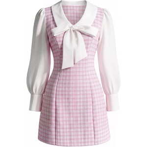 image:imageFloerns Womens Elegant Plaid Tweed Dress Bow Front Lantern Long Sleeve 2 in 1 Mini Houndstooth DressesSoft Pink
