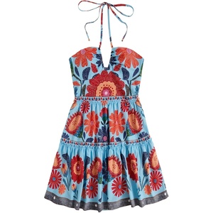 image:imageFloerns Womens Floral Sleeveless Halter Dress Milkmaid Flare Hem Boho Mini DressLight Blue
